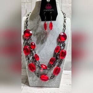 paparazzi Vibrant Red Faceted Multi-Strand Necklace & Earrings